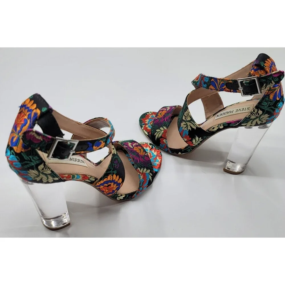Steve Madden Multi-Color Floral Brocade Cascade Acrylic Platform Heels Size 6M